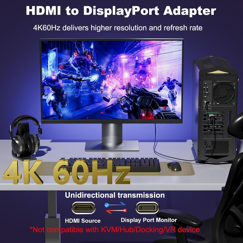 THANDBLE Active HDMI to DisplayPort Adapter (4K 60Hz 1080p 120Hz), Unidirectional HDMI Source to DP Monitor Display Port Adapter Compatible for NVIDIA, AMD, PS5/4, Xbox, PC, Laptop, Computer - Image 2